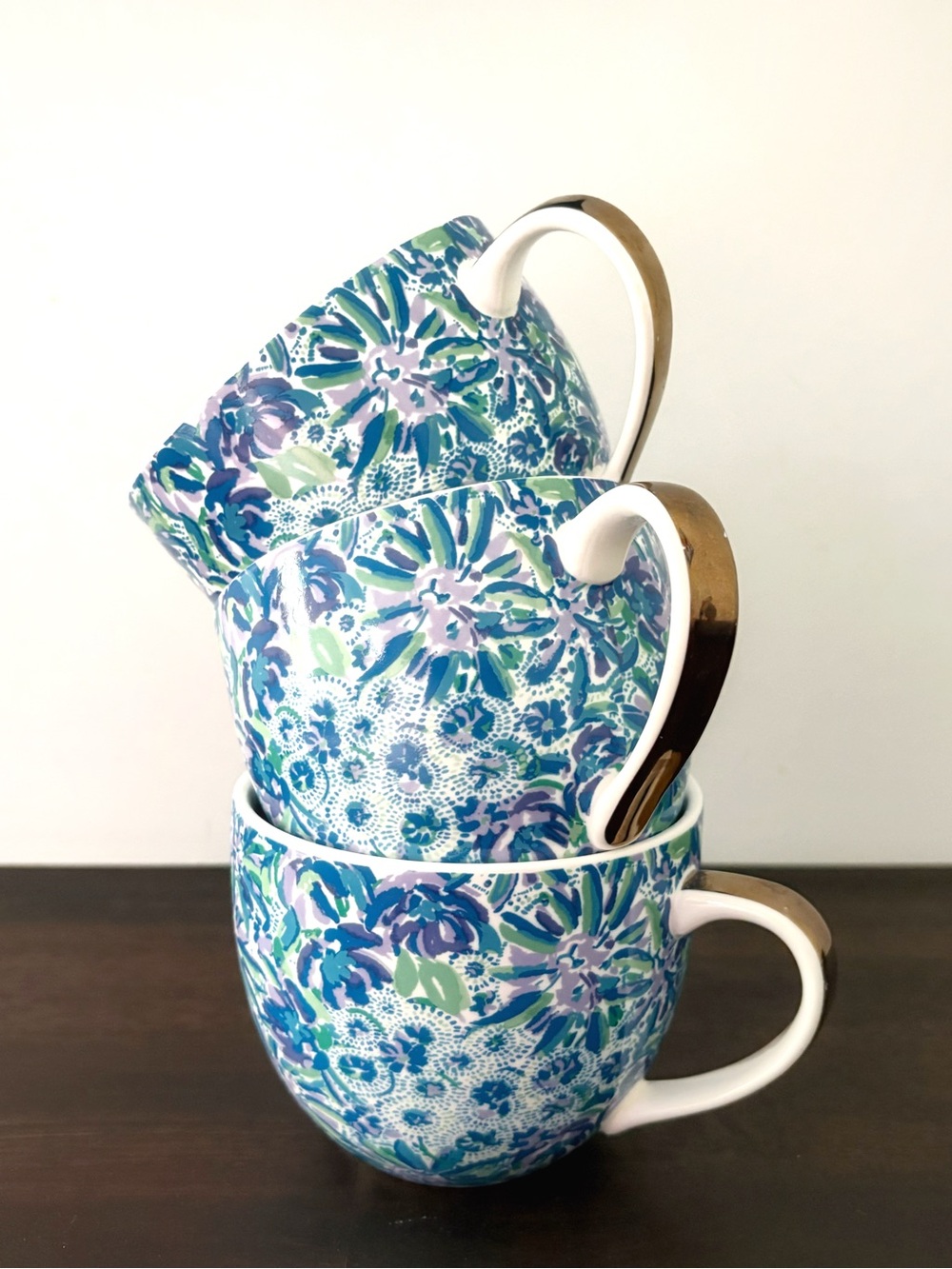 Lily Pulitzer Floral Blue Ceramic Mugs - Set of 3